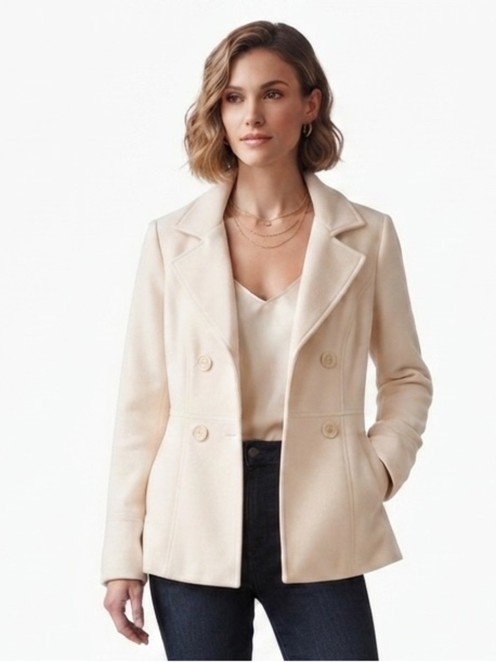 J2 Jou Jou Cream Double Breasted Hooded Pea Coat Jacket Removable Hood Size S